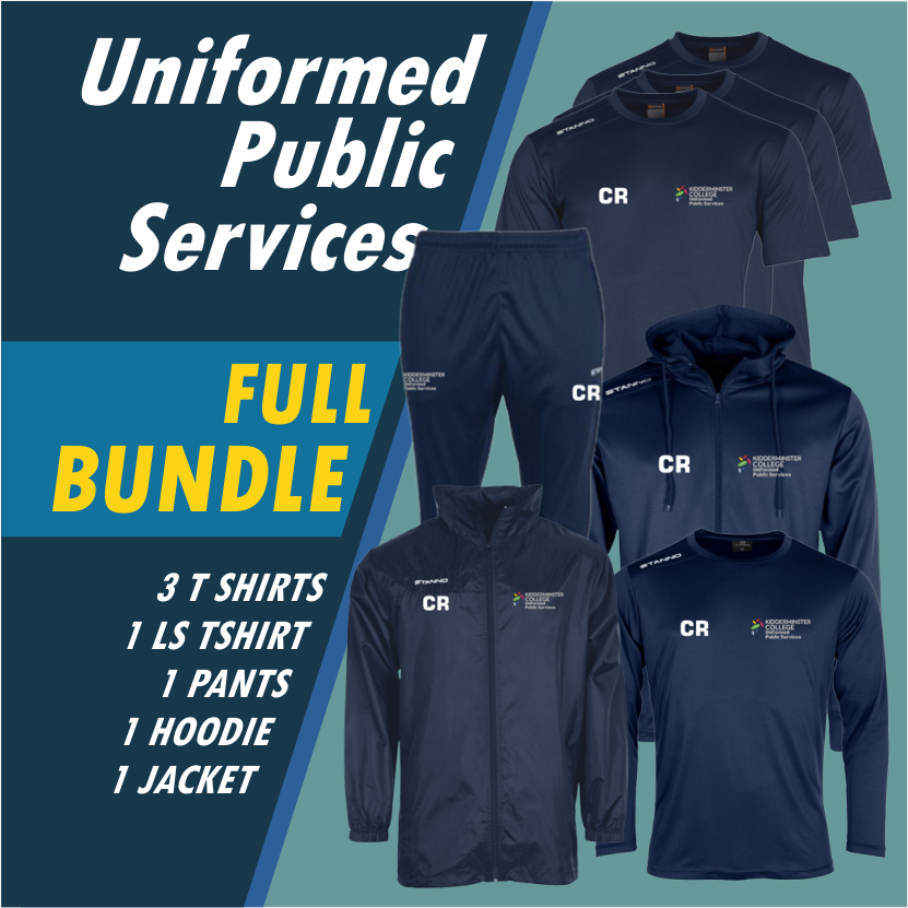Uniform Set for Students - 3 x Short and 1 x Long Sleeve Top, 1 pair track pants,  1 All weather Jacket and 1 Hooded Track Top c/w College logo and initials.