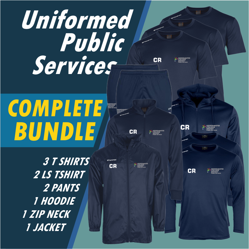 Uniform Set for Students - 3 x Short & 2 x Long Sleeve Top, 2 pair track pants,  1 All weather Jacket,1 Zip Neck Top and 1 Hooded Track Top c/w College logo and initials.